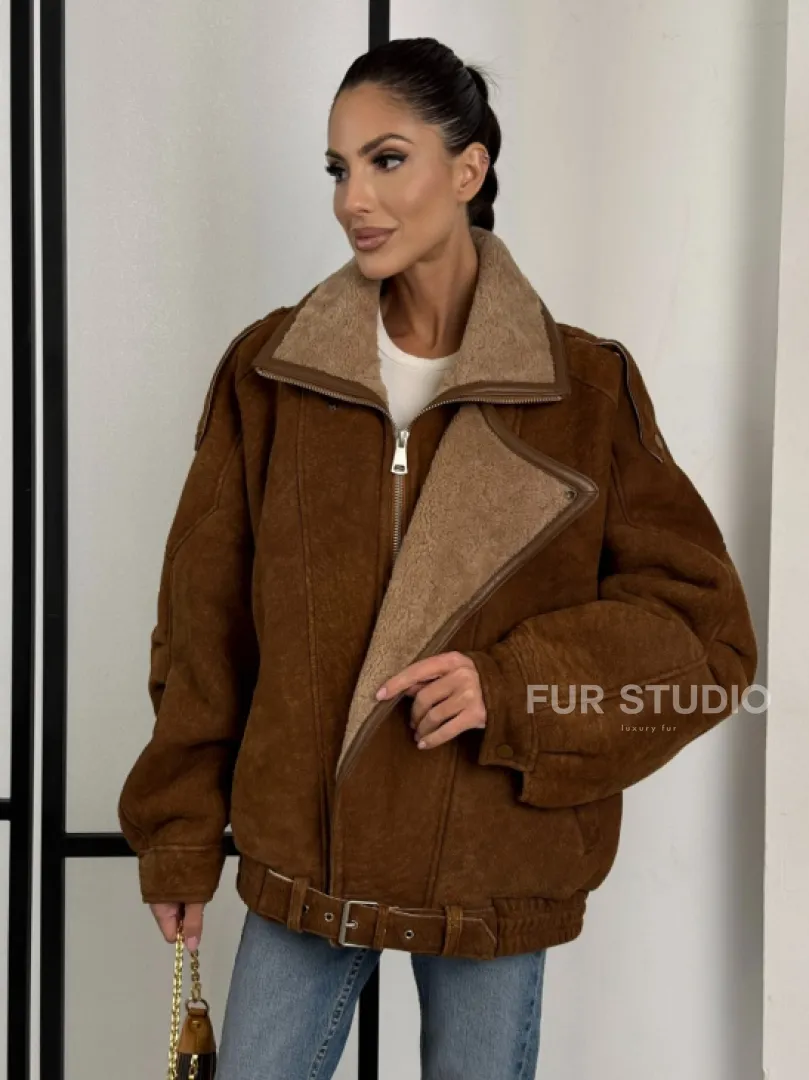 Зимняя натуральная замшевая куртка - дубленка с лацканами