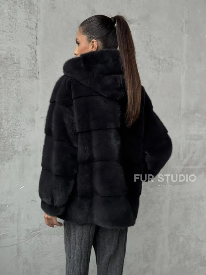 Норковый полушубок - куртка из меха норки с капюшоном графит - фото 4
