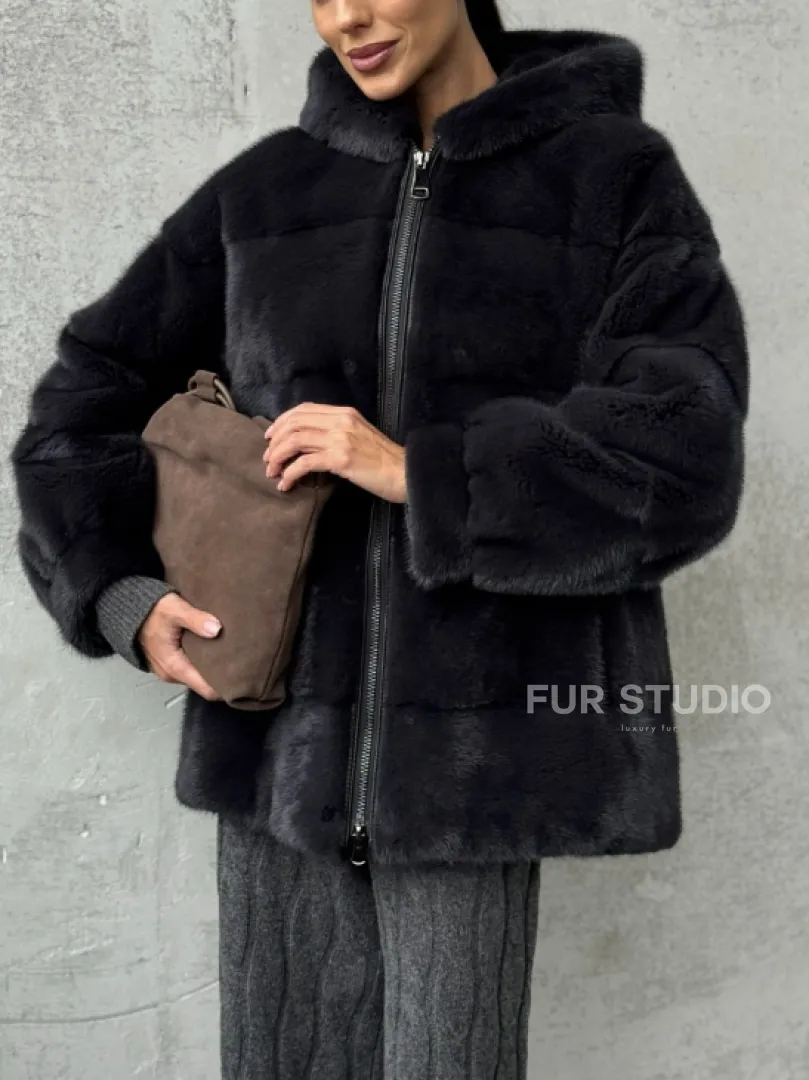 Норковый полушубок - куртка из меха норки с капюшоном графит - фото 1