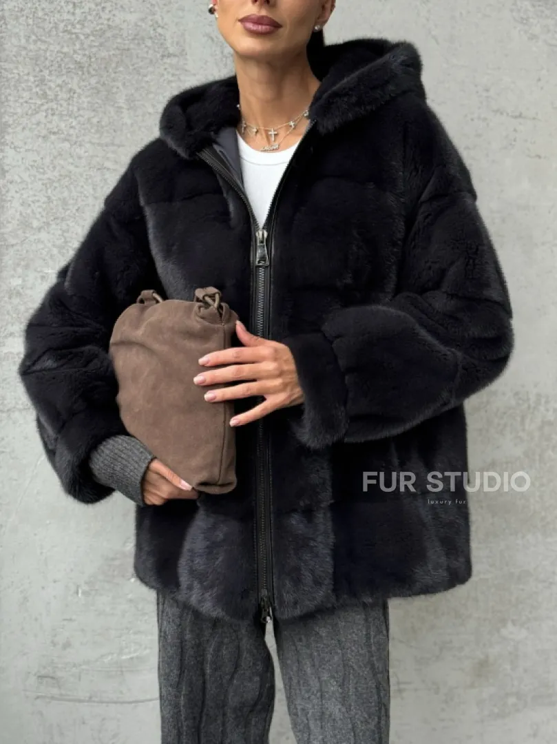 Норковый полушубок - куртка из меха норки с капюшоном графит - фото 2