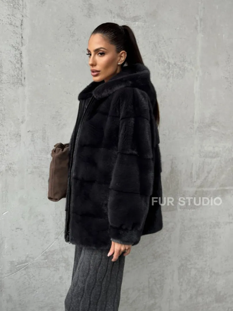 Норковый полушубок - куртка из меха норки с капюшоном графит - фото 9