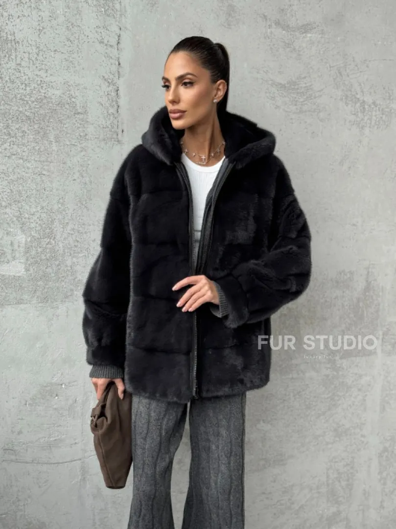 Норковый полушубок - куртка из меха норки с капюшоном графит - фото 10