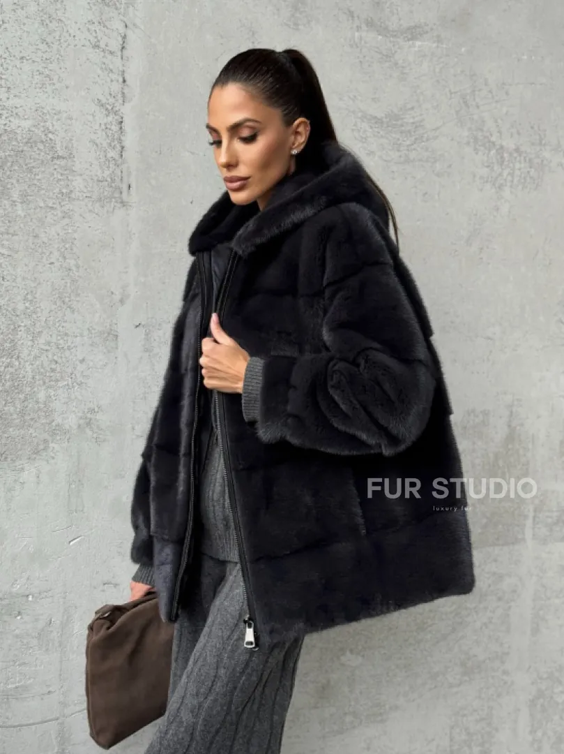 Норковый полушубок - куртка из меха норки с капюшоном графит