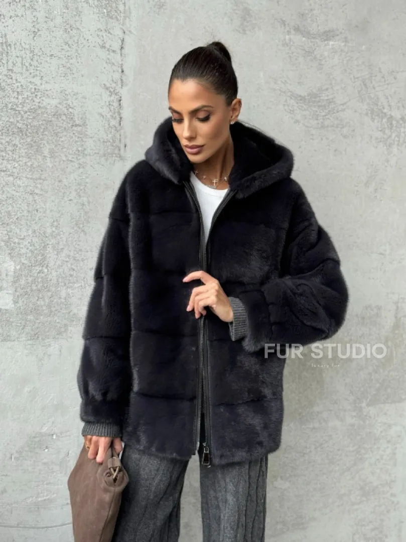 Норковый полушубок - куртка из меха норки с капюшоном графит - фото 7