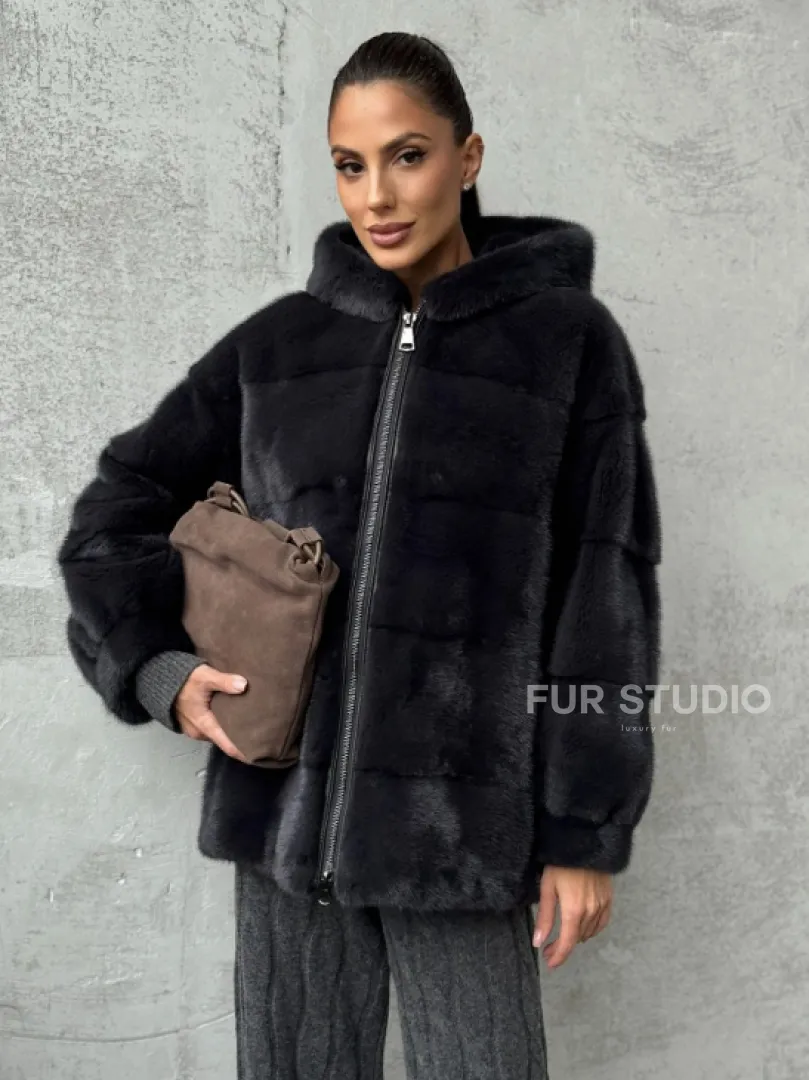Норковый полушубок - куртка из меха норки с капюшоном графит