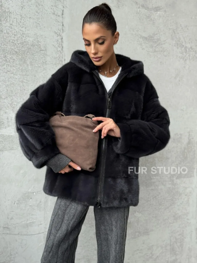 Норковый полушубок - куртка из меха норки с капюшоном графит - фото 3