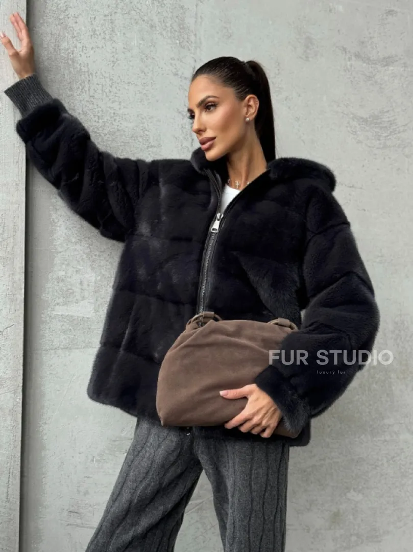 Норковый полушубок - куртка из меха норки с капюшоном графит