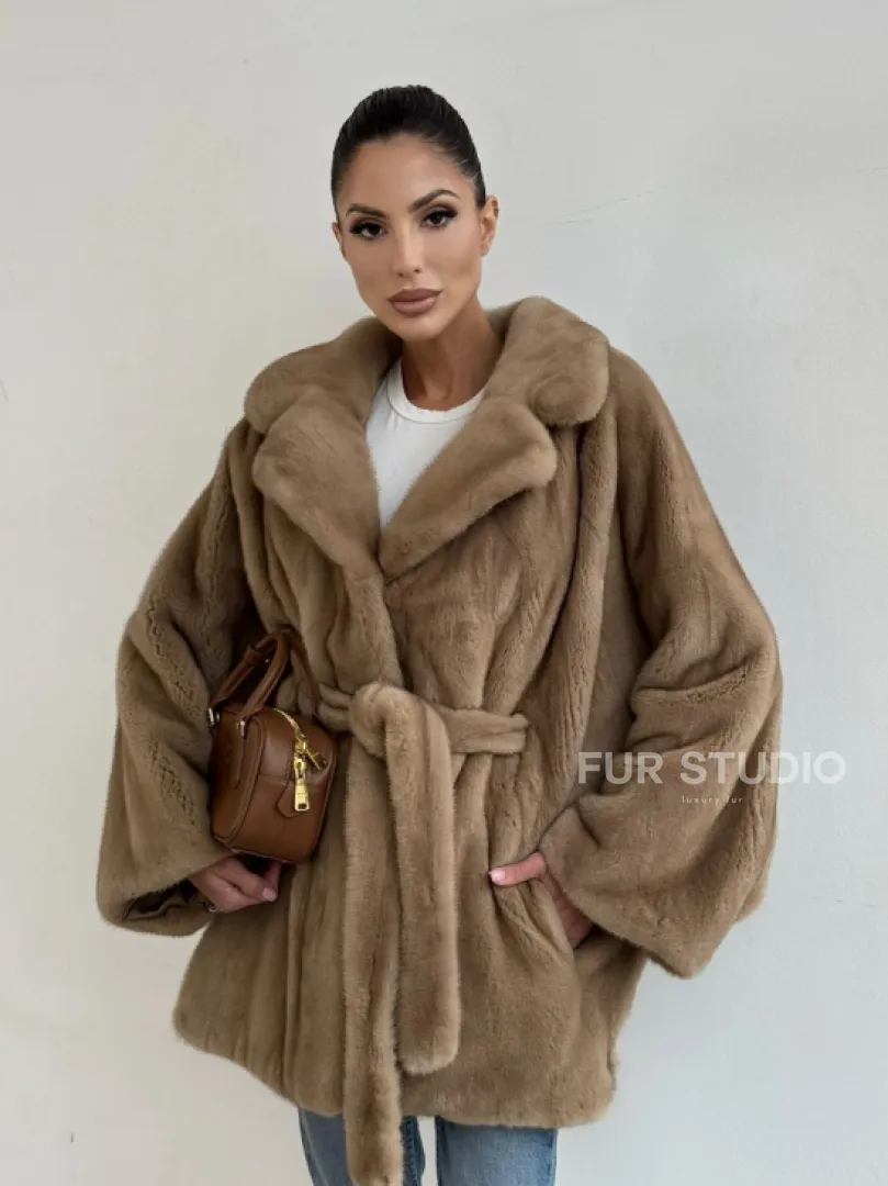 Шуба норковая SAGA FURS летучая мышь в натуральном цвете пастель