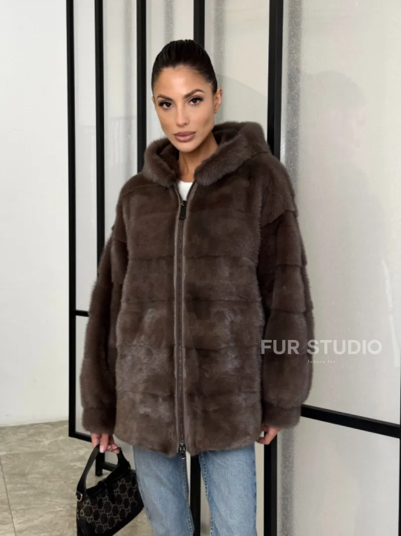 Норковый полушубок с капюшоном на молнии - фото 10