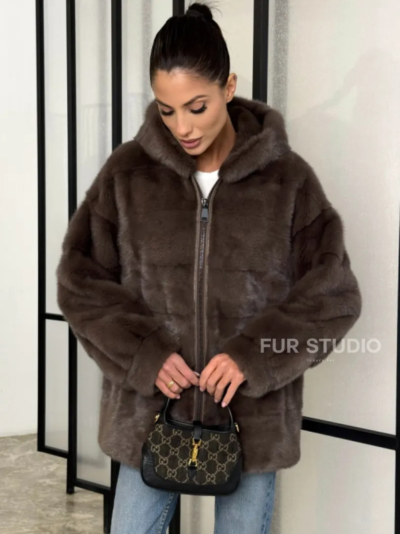 Норковый полушубок с капюшоном на молнии - фото 2