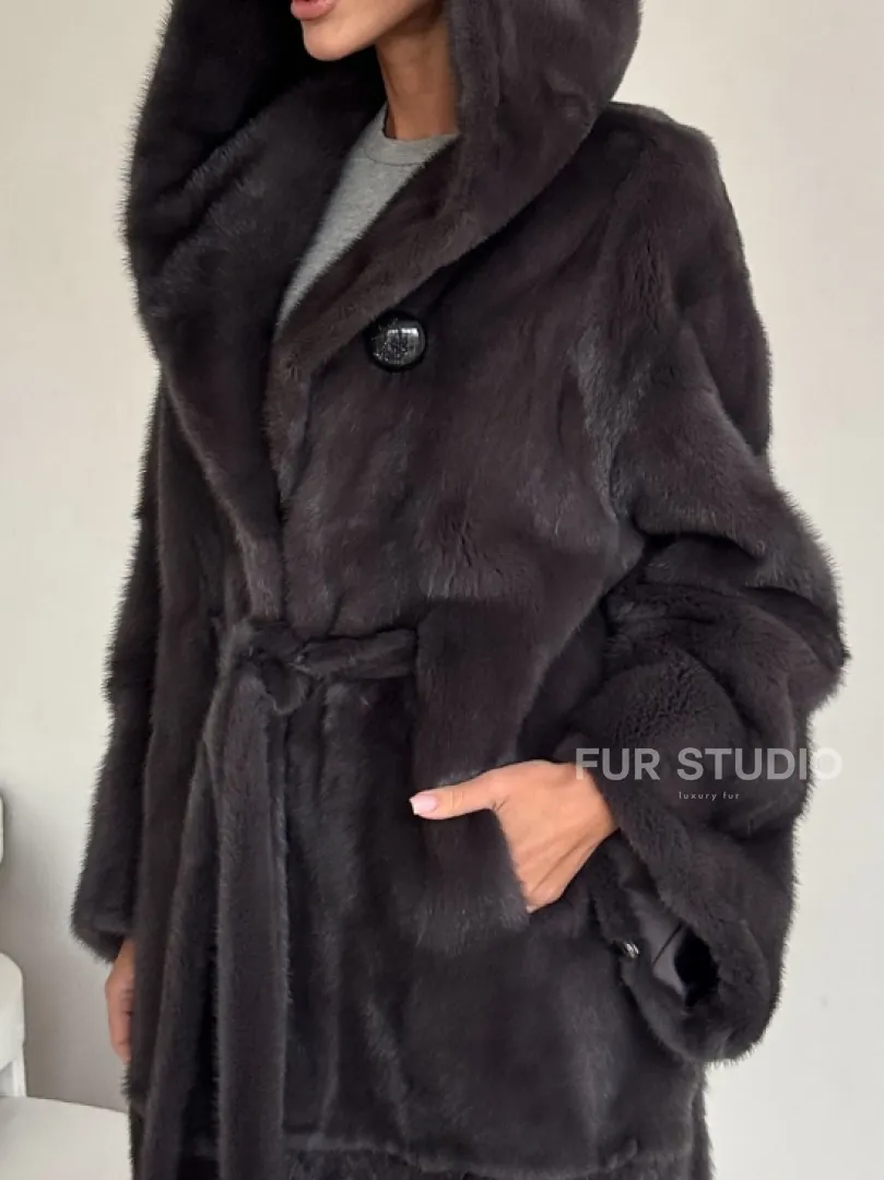 Зимняя норковая шуба с капюшоном - цвет графит - фото 1