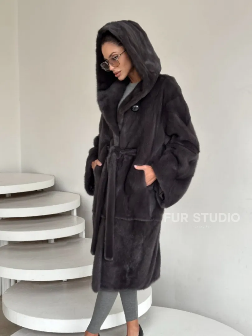 Зимняя норковая шуба с капюшоном - цвет графит - фото 6