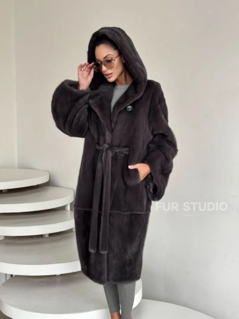 Зимняя норковая шуба с капюшоном - цвет графит - фото 10