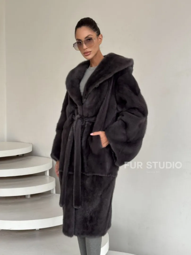 Зимняя норковая шуба с капюшоном - цвет графит - фото 7