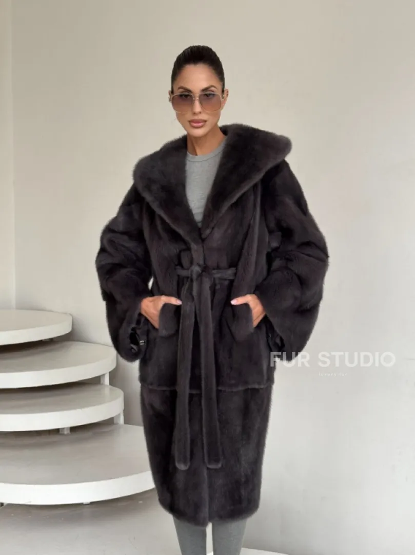 Зимняя норковая шуба с капюшоном - цвет графит - фото 8