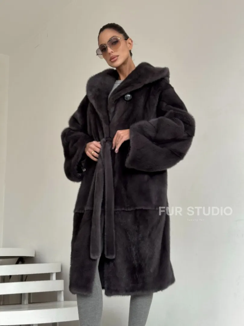 Зимняя норковая шуба с капюшоном - цвет графит - фото 5