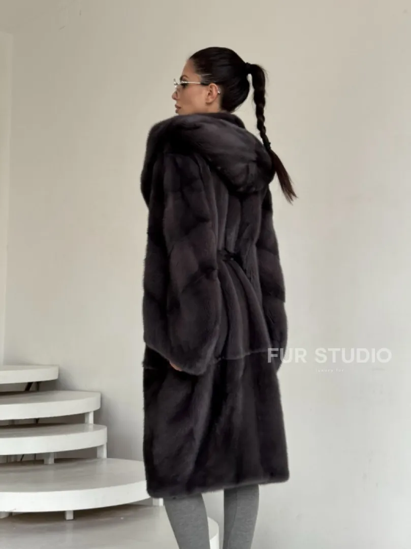 Зимняя норковая шуба с капюшоном - цвет графит - фото 9