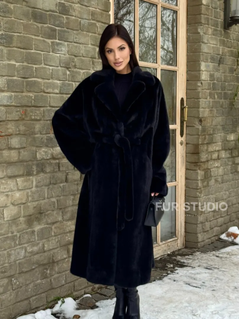 Шикарное норковое кимоно с английским воротником в черно-синем цвете - фото 12