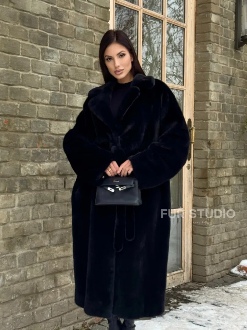 Шикарное норковое кимоно с английским воротником в черно-синем цвете - фото 13