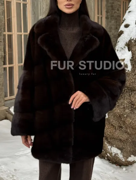 Норковое полупальто автоледи с английским воротником цвет Dark brown - фото 4