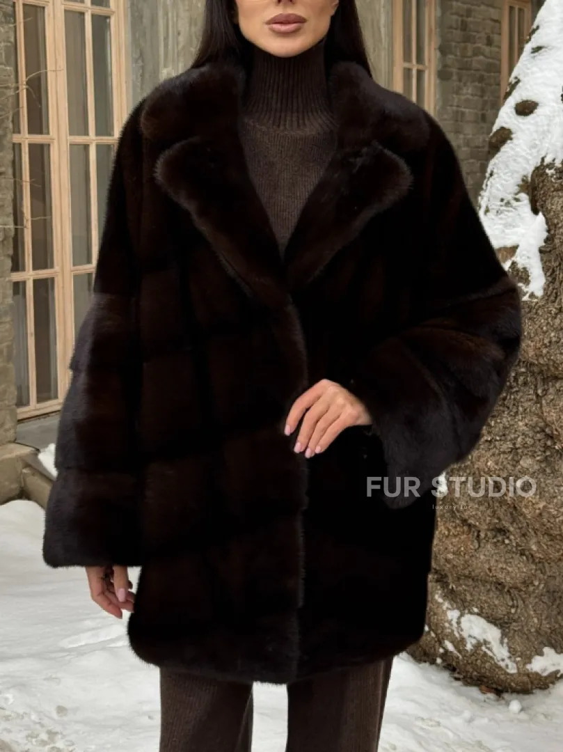 Норковое полупальто автоледи с английским воротником цвет Dark brown - фото 4