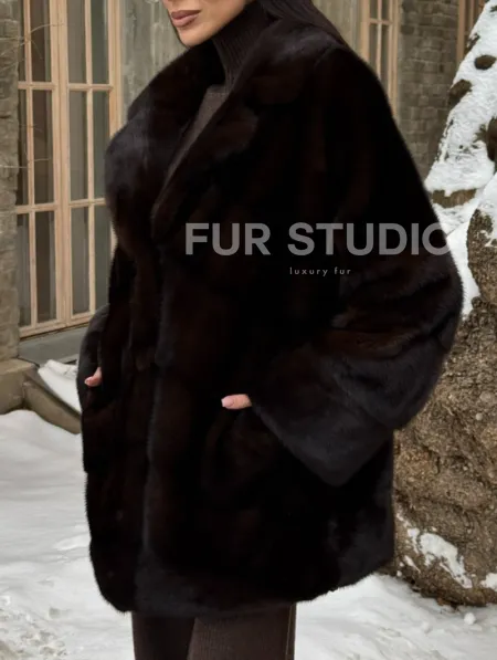 Норковое полупальто автоледи с английским воротником цвет Dark brown - фото 5