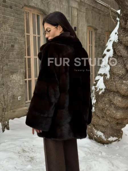 Норковое полупальто автоледи с английским воротником цвет Dark brown - фото 9