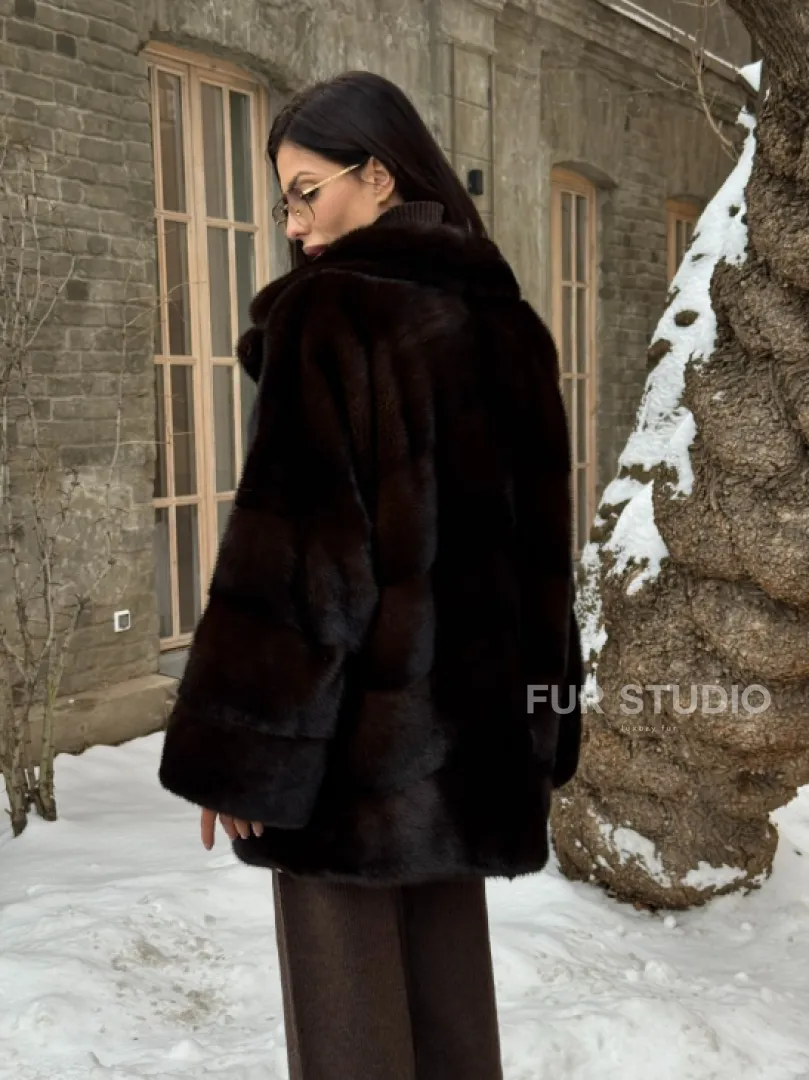 Норковое полупальто автоледи с английским воротником цвет Dark brown - фото 9