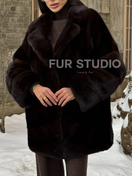 Норковое полупальто автоледи с английским воротником цвет Dark brown - фото 3