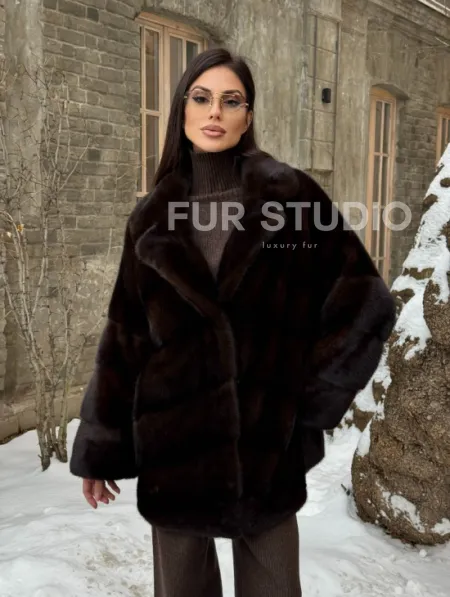 Норковое полупальто автоледи с английским воротником цвет Dark brown - фото 12