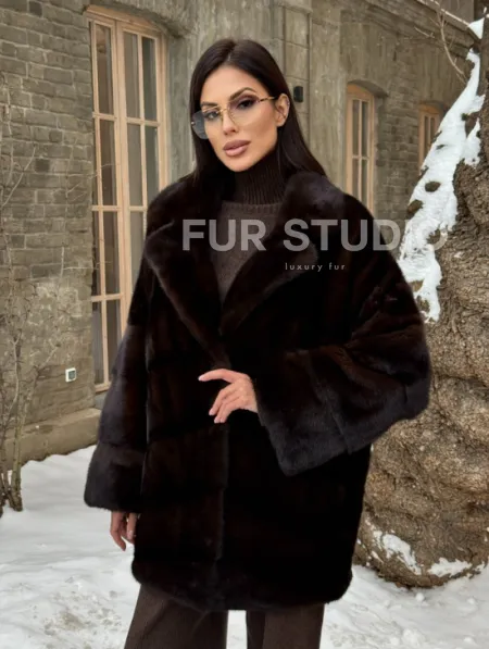 Норковое полупальто автоледи с английским воротником цвет Dark brown - фото 0