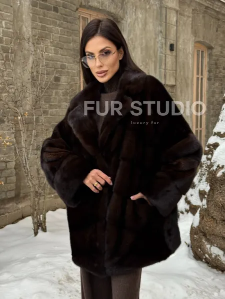 Норковое полупальто автоледи с английским воротником цвет Dark brown - фото 8