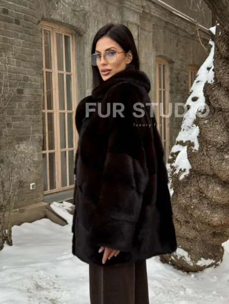 Норковое полупальто автоледи с английским воротником цвет Dark brown - фото 10