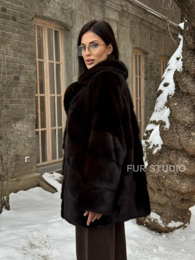 Норковое полупальто автоледи с английским воротником цвет Dark brown
