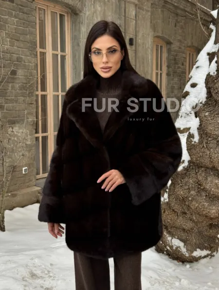 Норковое полупальто автоледи с английским воротником цвет Dark brown - фото 11