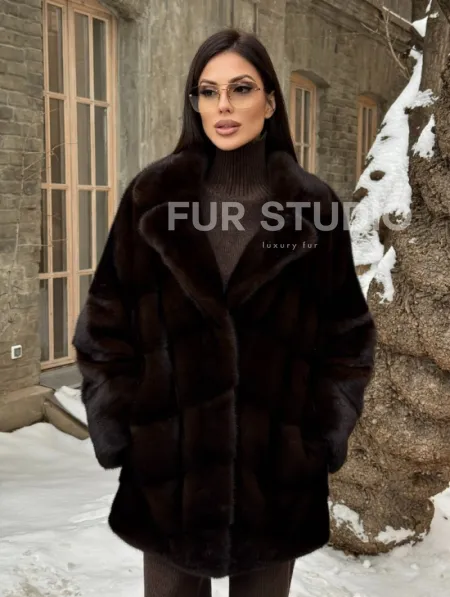 Норковое полупальто автоледи с английским воротником цвет Dark brown - фото 7