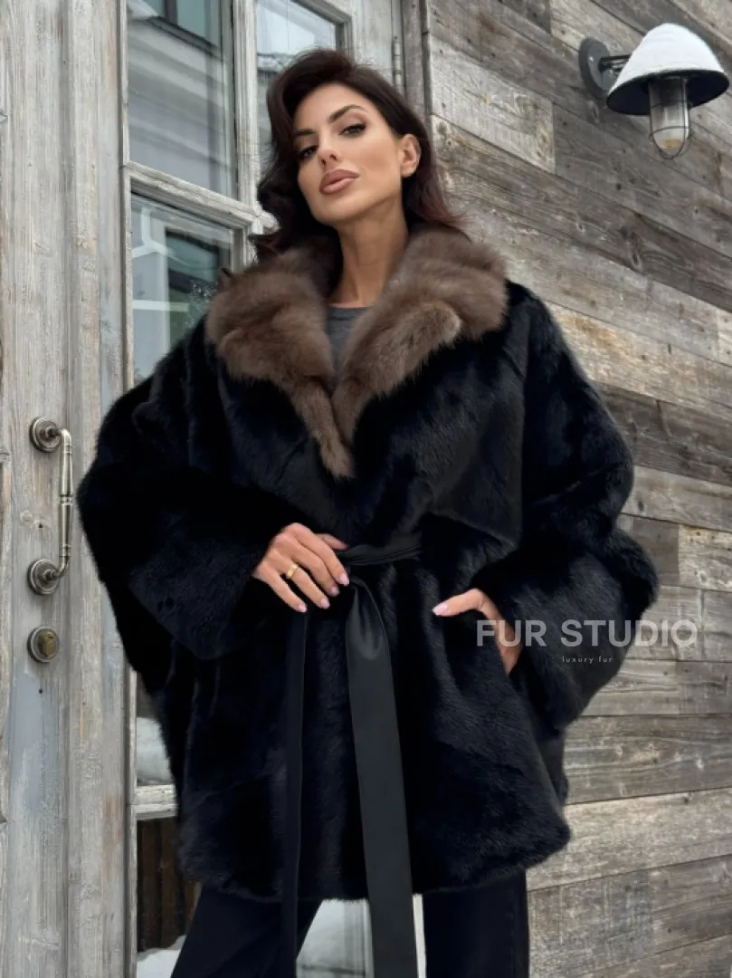 Черная шуба из норки с английским воротником из куницы - фото 7
