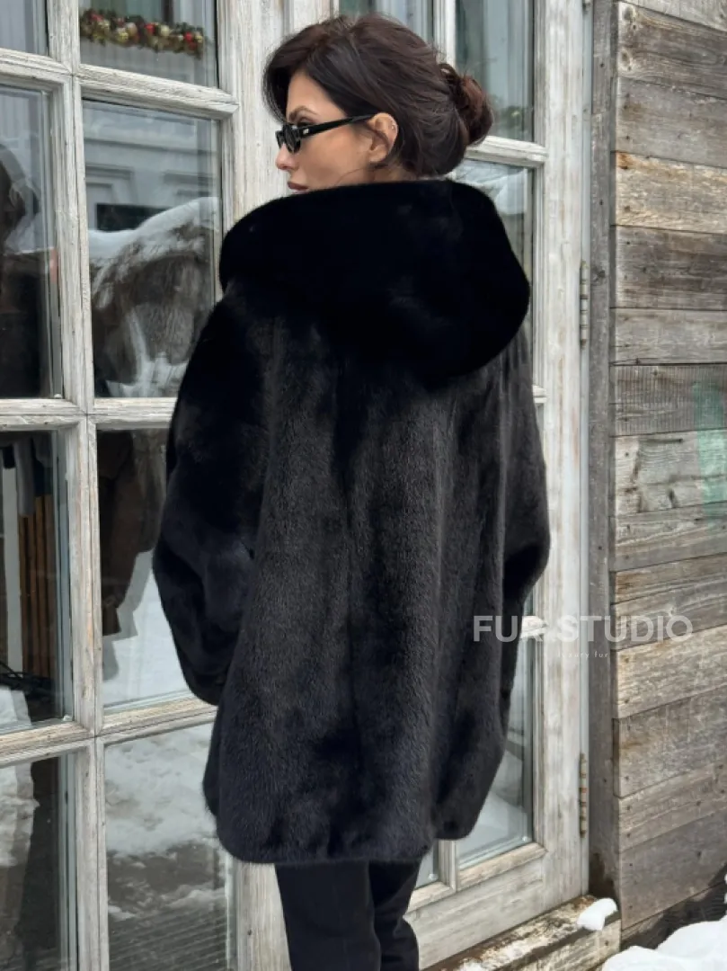 Черная зимняя шуба из меха норки Nafa mink с капюшоном - автоледи - фото 6