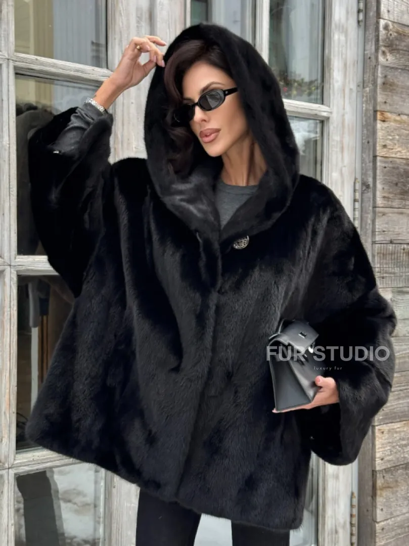 Черная зимняя шуба из меха норки Nafa mink с капюшоном - автоледи - фото 9
