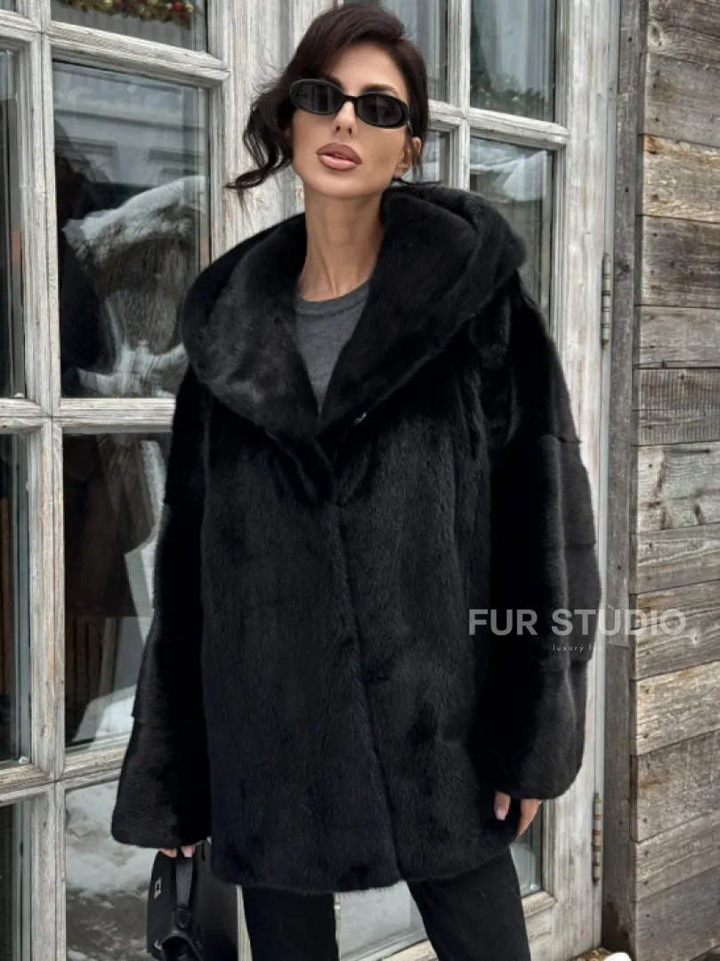Черная зимняя шуба из меха норки Nafa mink с капюшоном - автоледи - фото 4