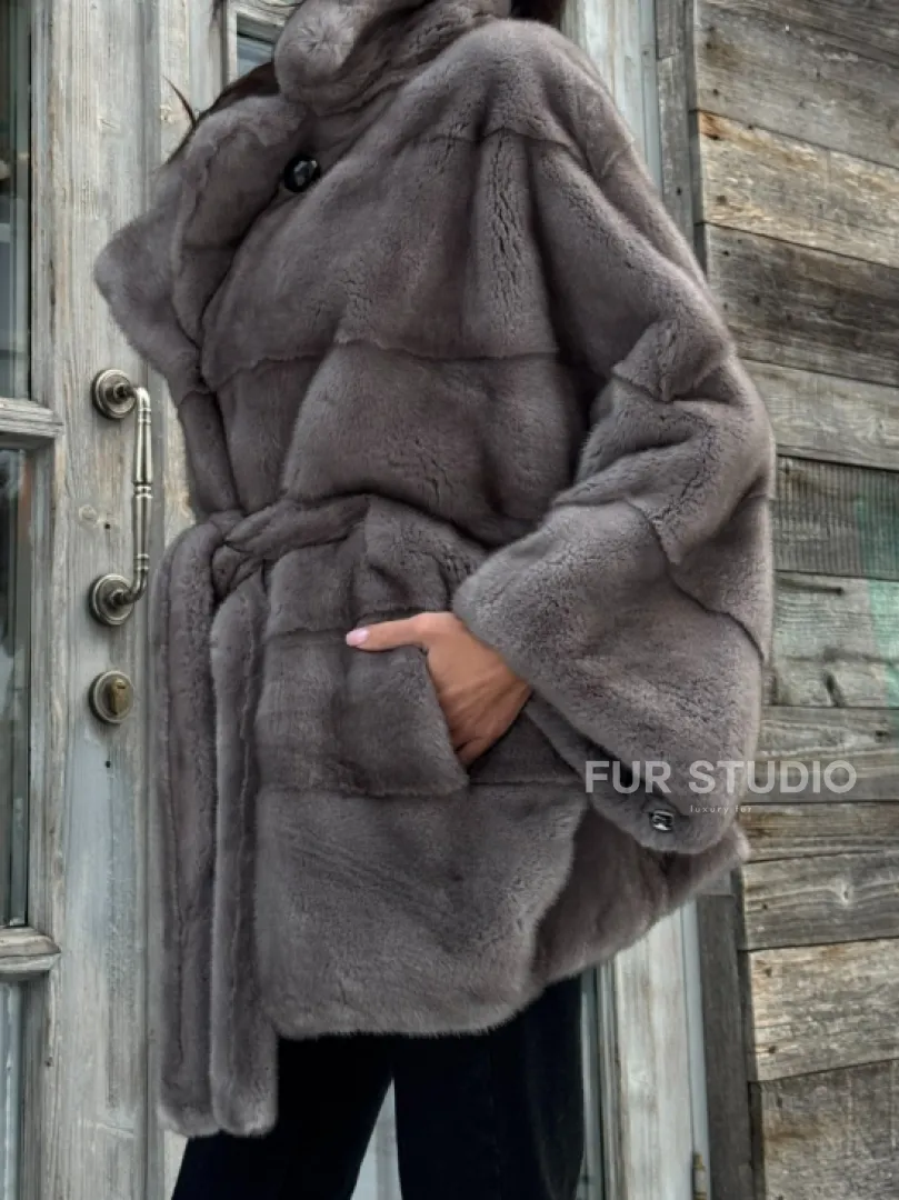 Норковая шуба в цвете графит с английским воротником - Летучая мышь - фото 2