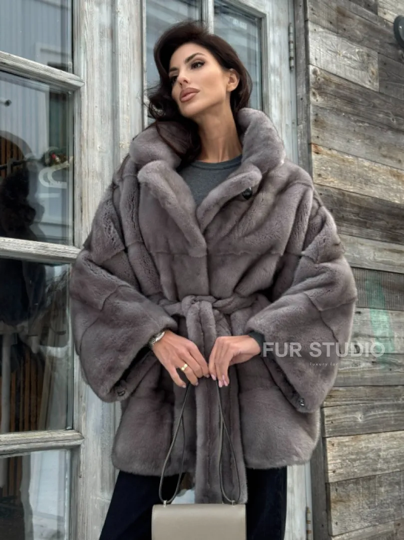 Норковая шуба в цвете графит с английским воротником - Летучая мышь - фото 6