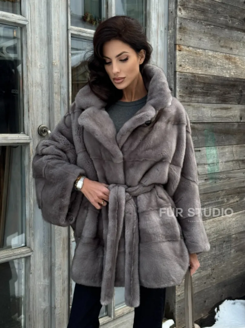 Норковая шуба в цвете графит с английским воротником - Летучая мышь - фото 8