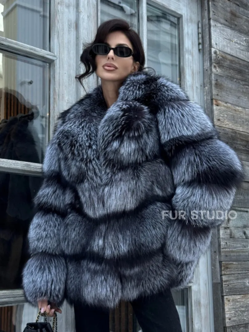 Шикарный полушубок из чернобурки Premium collection, английский воротник