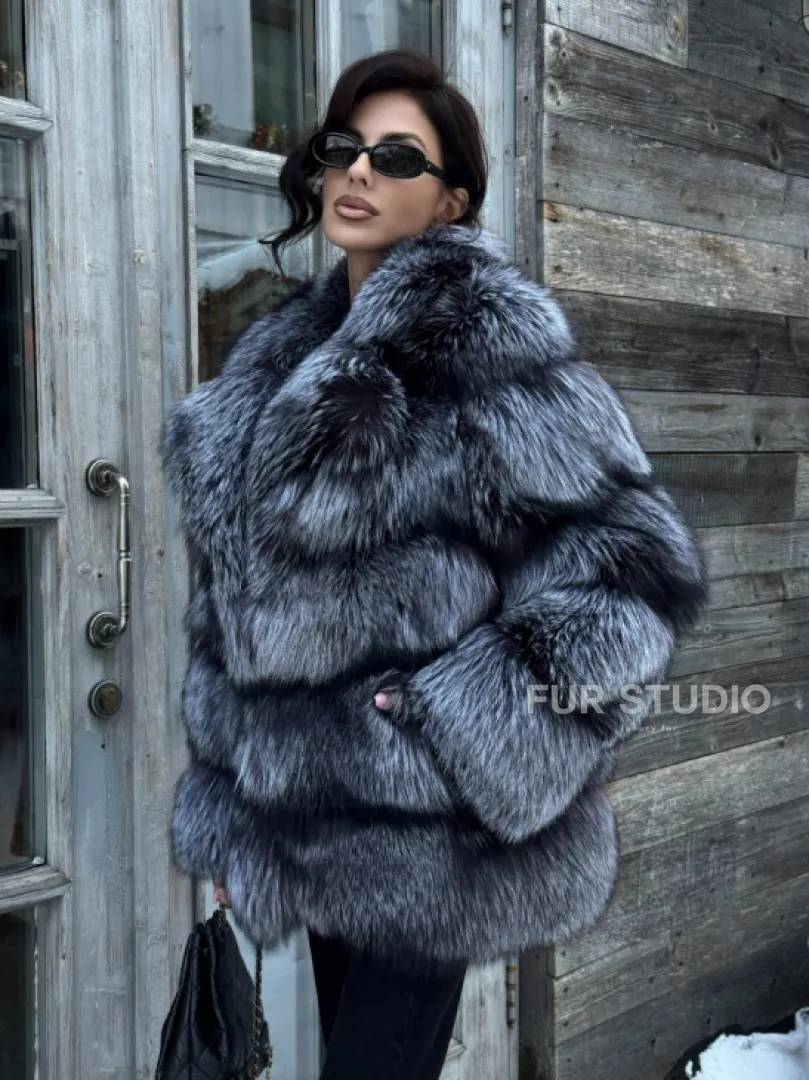Шикарный полушубок из чернобурки Premium collection, английский воротник