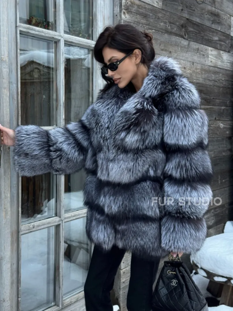 Шикарный полушубок из чернобурки Premium collection, английский воротник