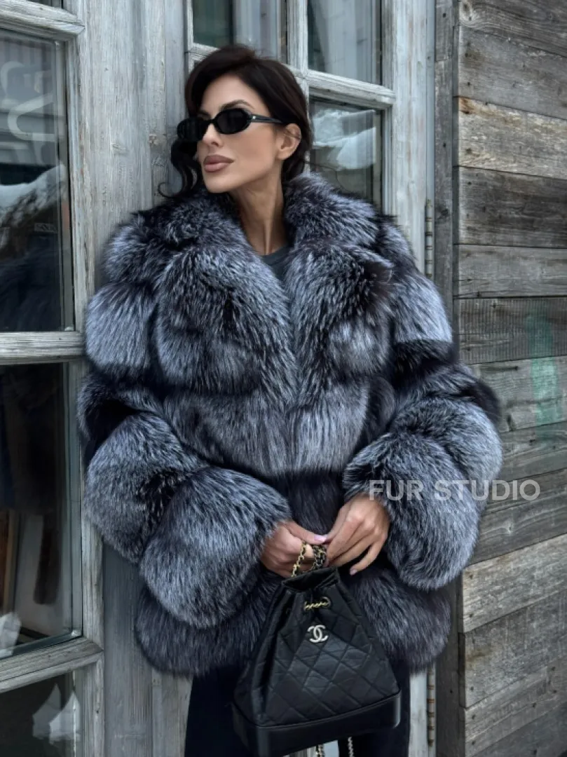 Шикарный полушубок из чернобурки Premium collection, английский воротник