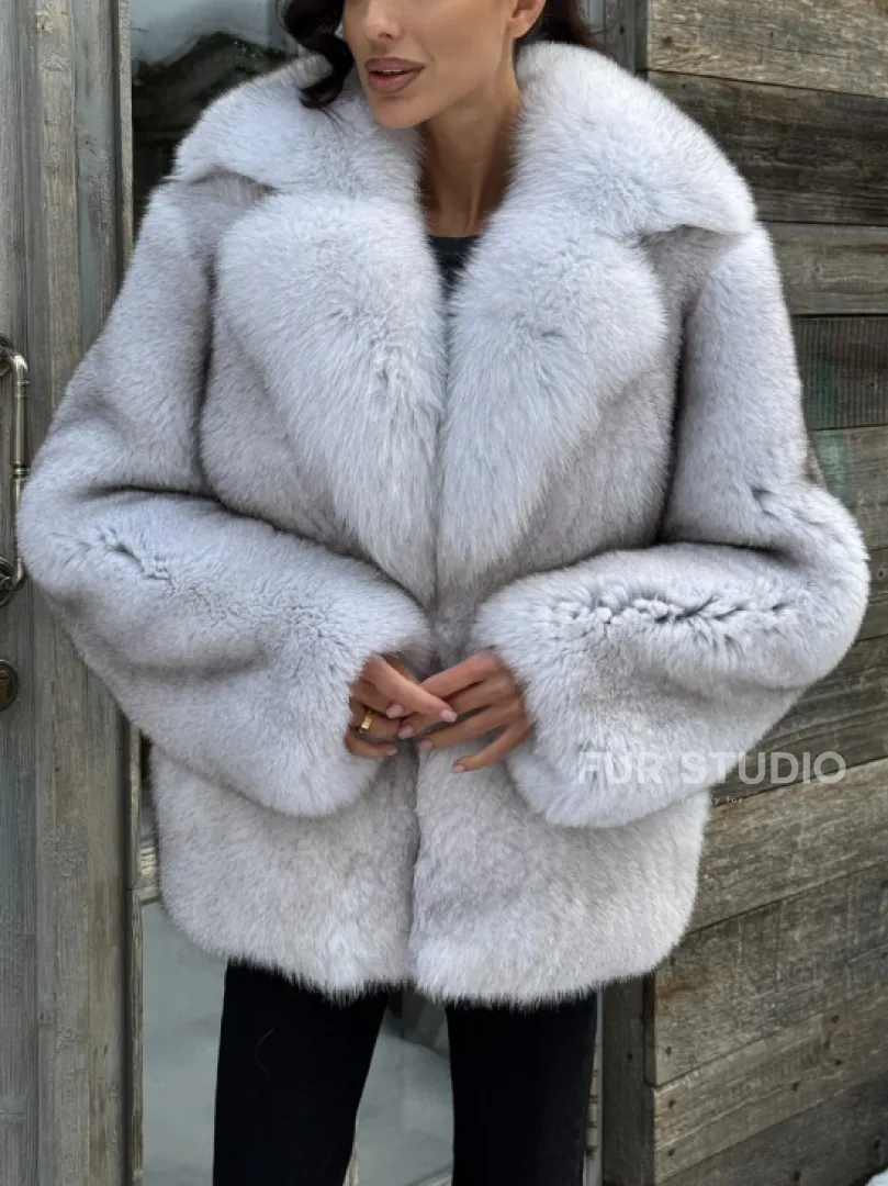 Шуба из финского песца с английским воротником - колотый лёд - фото 3