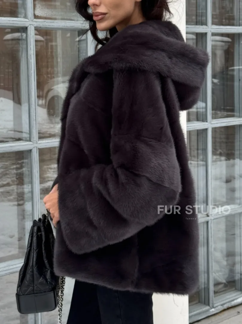 Меховой полушубок автоледи с капюшоном из меха норки графит - фото 2