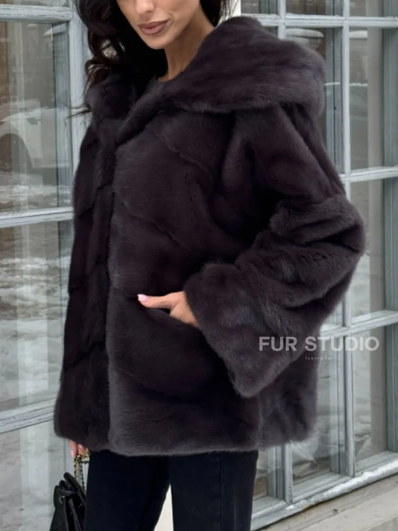 Меховой полушубок автоледи с капюшоном из меха норки графит - фото 1